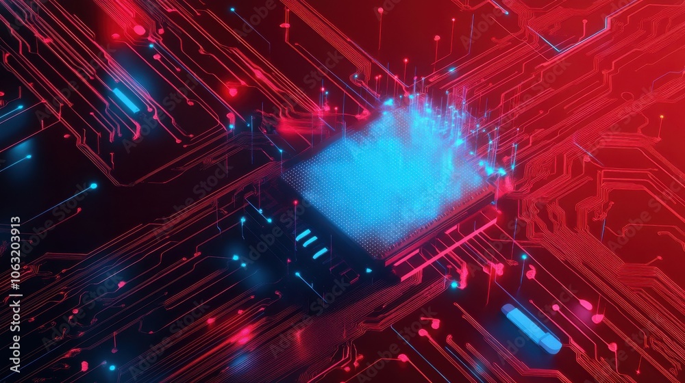 Poster abstract digital ai chip and cloud data storage on red background. ai processor in light blue and ne