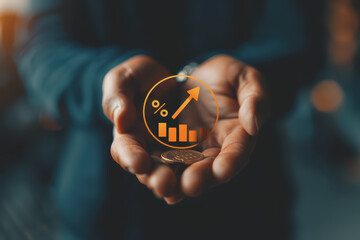 Interest rates and dividends, businessman holding arrow and percentage icon with investment graph.