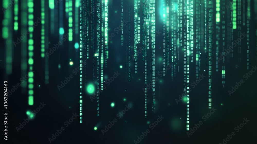Poster abstract digital background with green binary code falling down against a dark background.