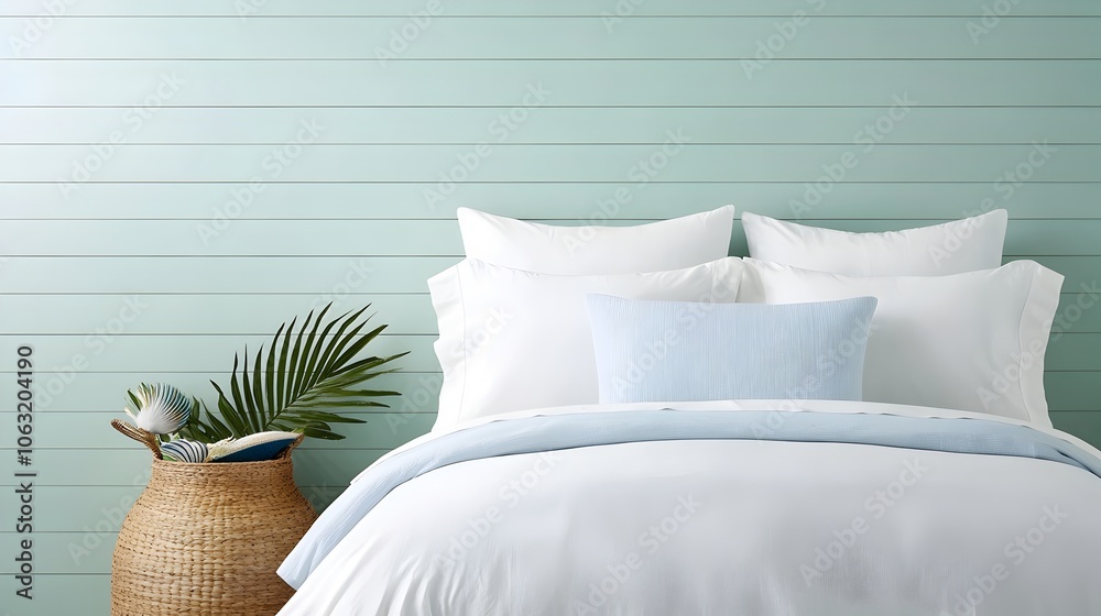 Poster a serene and tranquil bedroom design featuring soft blue accents white bedding and coastal inspired 