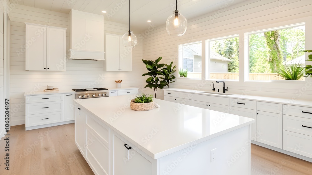 Poster spacious and bright modern kitchen with large island hanging pendant lights and high end appliances 
