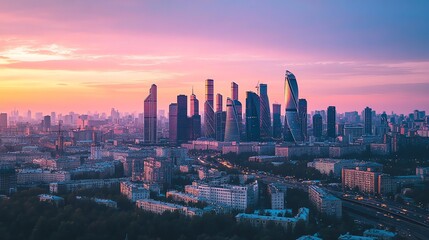 Obraz premium Aerial view of a city skyline at dusk with vibrant pink and orange sky.