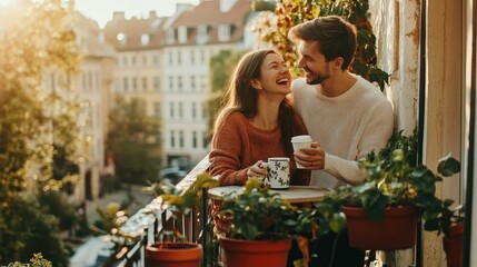 Balcony, couple and bonding in morning with coffee, espresso and warm beverage on vacation in Denmark. Outside, man and happy woman with laugh on honeymoon, marriage or embrace love with hug