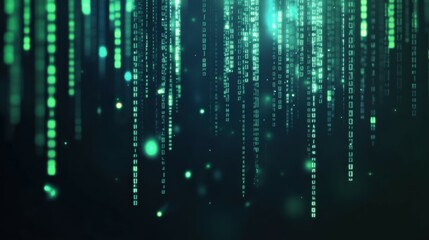 Abstract digital background with green binary code falling down against a dark background.