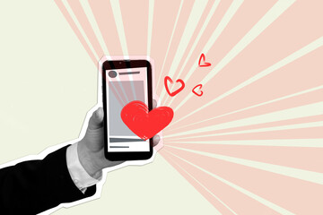 Collage template social media for dating online receive likes red heart notification network phone display isolated on beige background