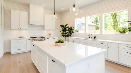 Fototapeta premium Spacious and Bright Modern Kitchen with Large Island Hanging Pendant Lights and High End Appliances Creating a Stylish and Functional Cooking and Dining Space