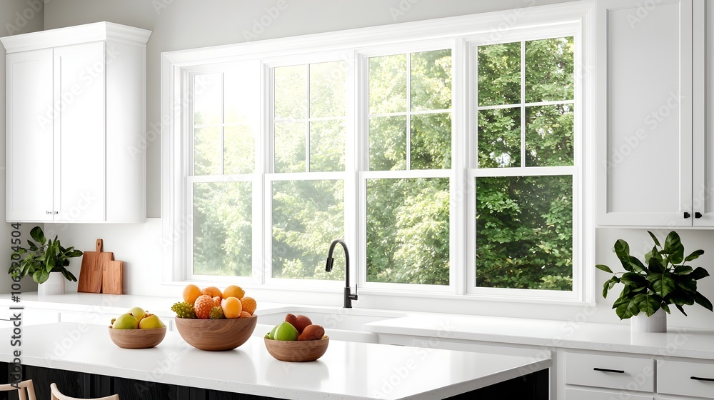 Poster A bright and airy modern kitchen with large windows a central island with barstools and decorative bowls of fresh fruit creating an inviting and comfortable space for cooking dining and entertaining