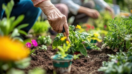 Elderly individuals participate in gardening activities, enjoying the outdoors while planting and tending to vibrant plants in a community garden