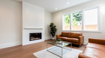 Sophisticated and Cozy Living Room with Leather Seating Glass Coffee Table and a Warm Fireplace Creating a Inviting Atmosphere