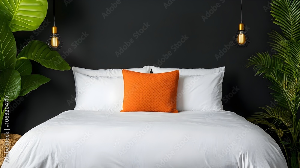 Poster Cozy and Sophisticated Dark Bedroom Retreat with Minimal White Bedding and Sleek Industrial Lighting Fixtures Creating a Calming and Relaxing Atmosphere