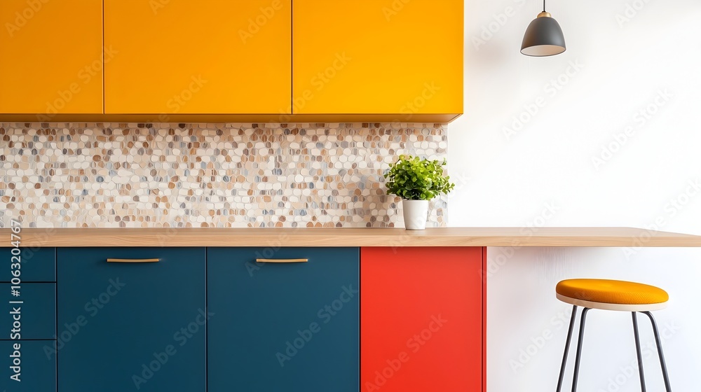 Poster stylish and functional modern kitchen with vibrant color cabinetry unique backsplash and contemporar