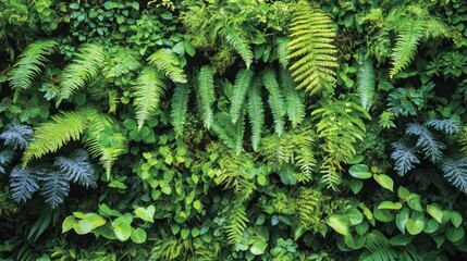 The vertical leaf wall covered with ferns and vines creates a natural pattern and abundance.