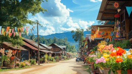 Obraz premium A charming street in a quaint Lao village, surrounded by vibrant
