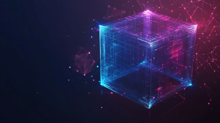 Abstract digital data cube in technology futuristic wireframe style. Isometric polygonal 3D box in light blue and redpurple on dark background. Blockchain