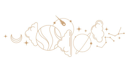 Gold celestial png clipart, mystic line art style for planner, transparent background