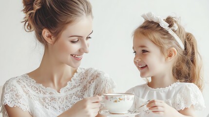 A mother and daughter are having tea together.