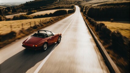 Vintage Red Car Driving on Countryside Road