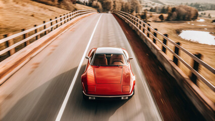 Vintage Red Car Driving on Countryside Road