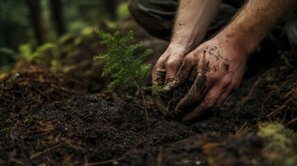 Fototapeta premium A close-up of a lumberjack's hands planting a young