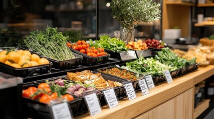 Display of locally sourced food with labels indicating nearby farms and producers