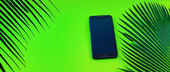 Smartphone on vibrant green background with tropical palm leaves