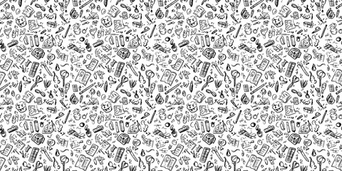 Fun doodle school background with playful, educational illustrations. seamless background pattern