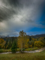 The landscape of Carpathian Mountains in the sunny weather. Perfect weather condition in the autumn season