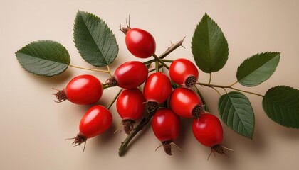 Glossy Red Rose Hips with Fresh Green Leaves on Neutral Background, Highlighting Natural Beauty and Health Benefits for Use in Wellness, Organic Skincare, and Nutritional Supplement Marketing