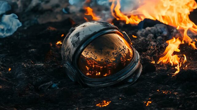 An abandoned astronaut helmet lies stranded amidst a dramatic and fiery alien landscape, evoking strong emotions