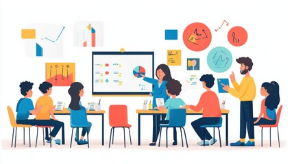 A colorful display of educational materials in a white classroom