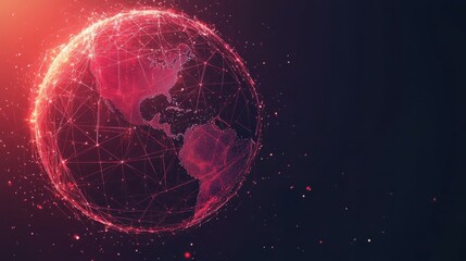 Abstract digital 3D blockchain icon on technology globe Earth background. Hologram of linked blocks in space in low poly wireframe futuristic style. Modern red polygonal vector illustration.
