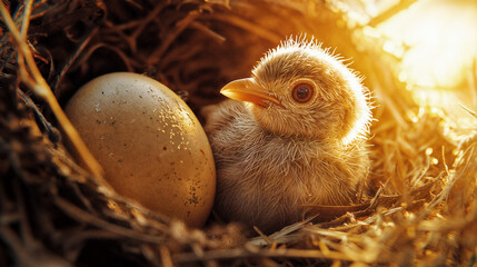Newborn Baby Bird Nestled Beside Egg in Cozy Nest, Bathed in Warm Golden Sunlight