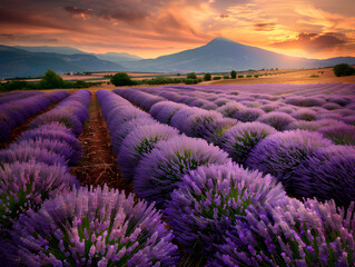 Obraz premium Vibrant lavender blooms stretch across a picturesque field, captured in a raw, high-definition style.