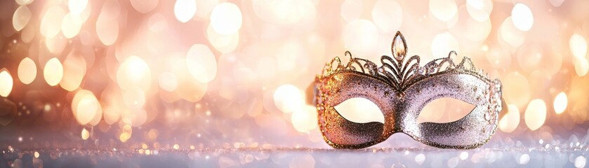 Elegant Golden and Silver Mask on Lavender Background for New Year's Celebration