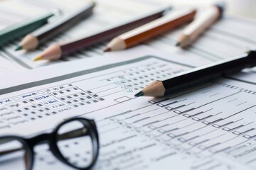 Businessman is filling out a paper form, carefully marking checkboxes with a pencil