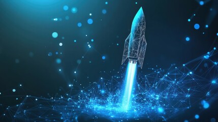 Abstract growth graph chart with launch rocket on technology blue background. Startup and success business concept. Boost metaphor in futuristic light blue style. Low poly digital vector illustration.
