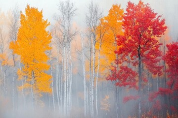 Fototapeta premium Foggy fall forest with mist weaving through the trees and leaves in vibrant autumn colors