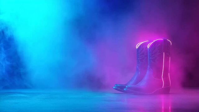 Leather cowboy boots with neon light effect on reflective surface. Western fashion content