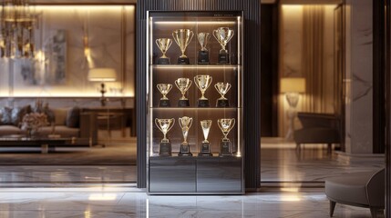 luxurious trophy cabinet displayed in an opulent room. The cabinet is made from polished mahogany, with glass doors that reveal a stunning array of trophies and awards
