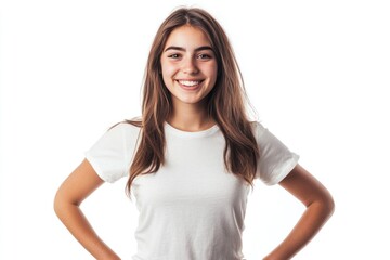 Cheerful girl with a wide grin looking directly at the camera wearing a simple t-shirt and standing with her hands on her hips Isolated on white background