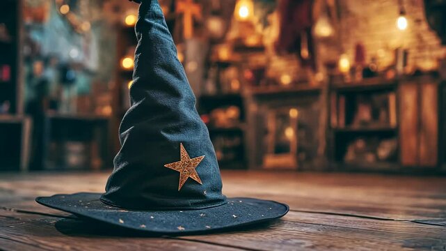 A blue wizard hat with a gold star sits on a wooden floor in front of a dimly lit shop