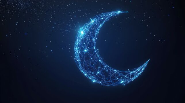 Abstract digital Ramadan moon on night starry sky background. Blue technology crescent consists of connected glowing dots and thin lines. Islamic moon. Holy Aid. Low poly wireframe
