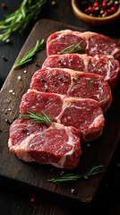 Fototapeta premium raw steaks top view on a black background.