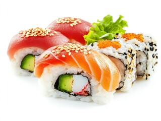 Close-up of sushi pieces with raw fish on top of seasoned rice, garnished with sesame seeds and wasabi Isolated on white background