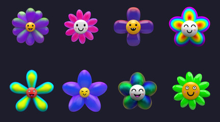 3d flowers. Cute y2k stickers, plastic smile elements. Playful pastel baby render, pink plasticine art. Decor isolated objects. Chamomile emoji, rainbow modern symbols. Vector background