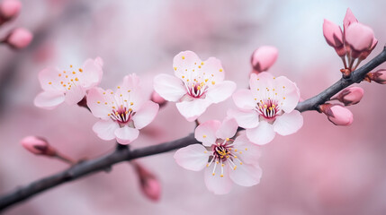 Naklejka premium Soft pink cherry blossoms on branch with delicate petals, gentle springtime background in pastel tones