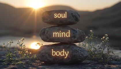 Soul, mind, body stones in nature at sunset, symbolizing balance and mindfulness