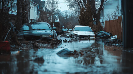 Fototapeta premium Flooded residential street with submerged cars and debris, showing the aftermath of severe storm damage