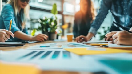Obraz premium Business people, meeting and pitch with project proposal for planning, discussion and insights in company. Team, seminar and presenter in workshop, analytics or communication in modern office