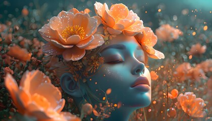 Serene woman with orange flowers, ethereal garden, fantasy art, dreamlike inspiration